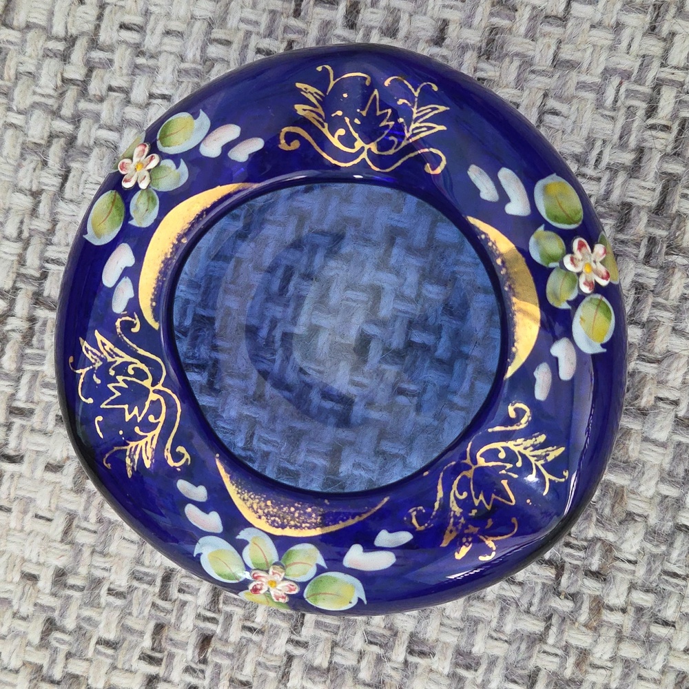 Hand-Painted Floral Cobalt Blue Glass Trinket Dish/Bowl/Ashtray Czech - Picture 3 of 13